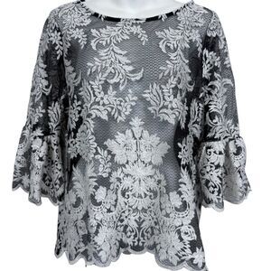 Karen Kane Womens Sheer Black White Embroidered Bell Sleeve Whimsigoth Top sz M